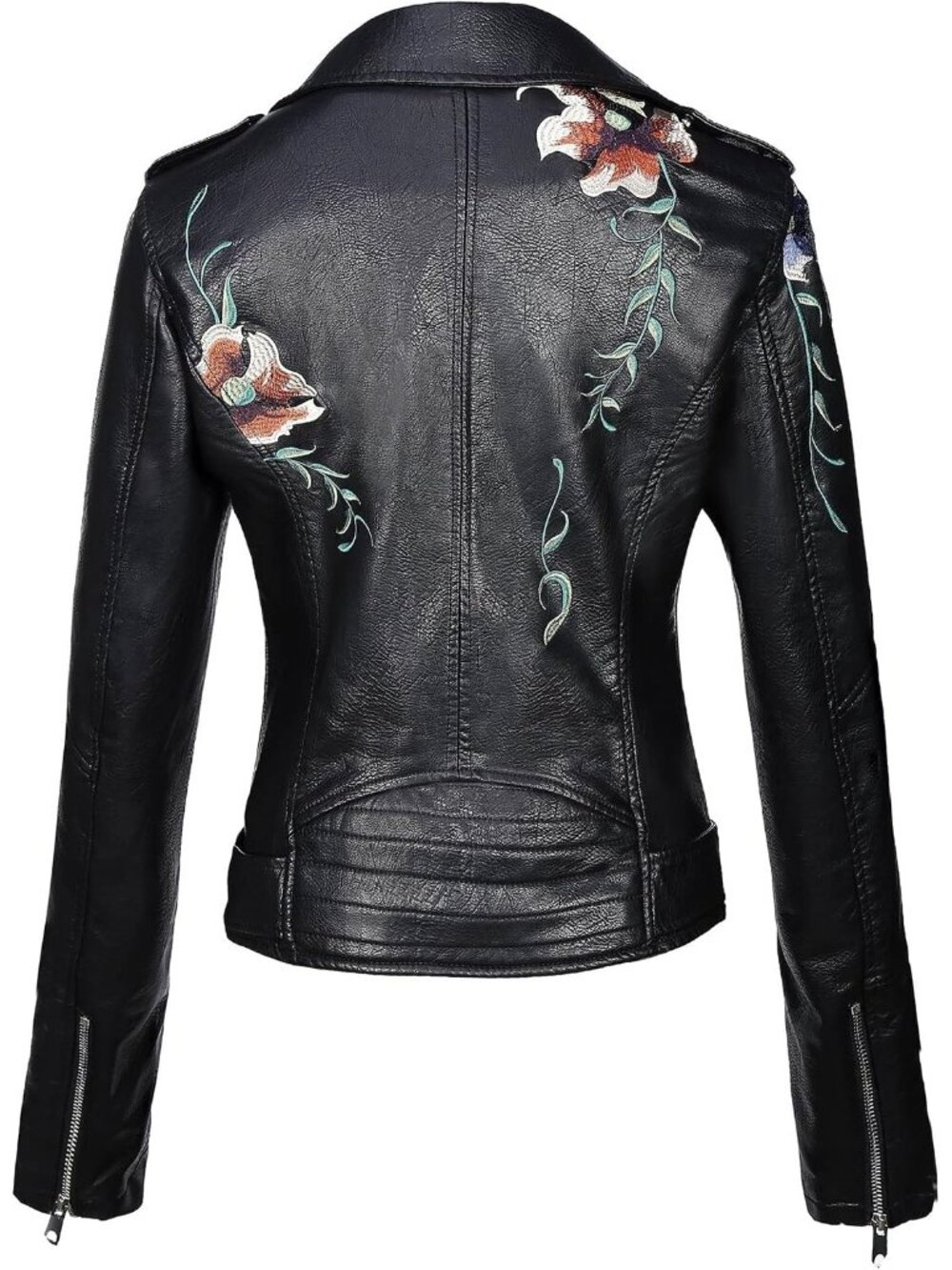 Women's Black Faux Leather Jacket Slim Fit Spring Fall Pockets Floral Moto Coat - Picture 4 of 6
